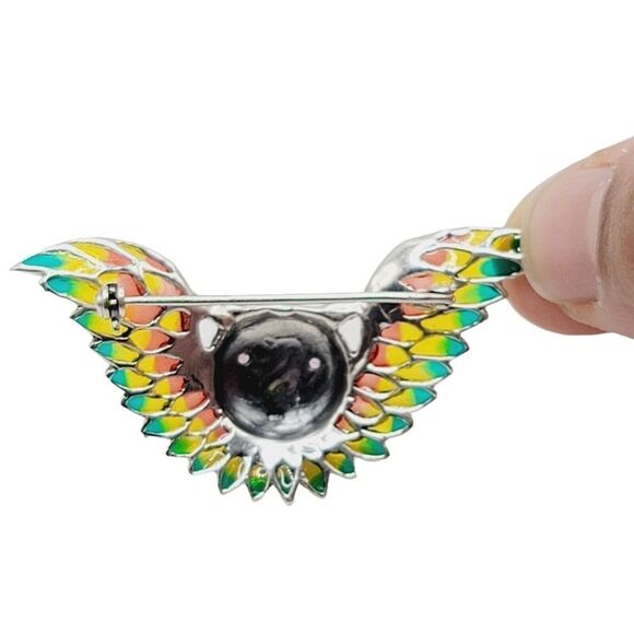 Handmade 925 Sterling Silver Plique Enamel Ruby Marcasite Brooch Owl in Flight - Picture 7 of 9